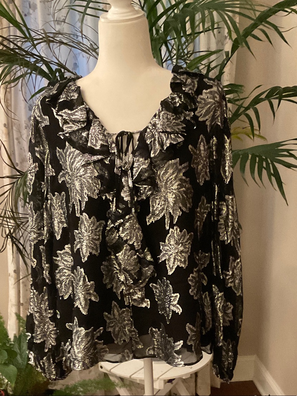 Parker Black Blouse with Silver Metallic Leaf Pattern